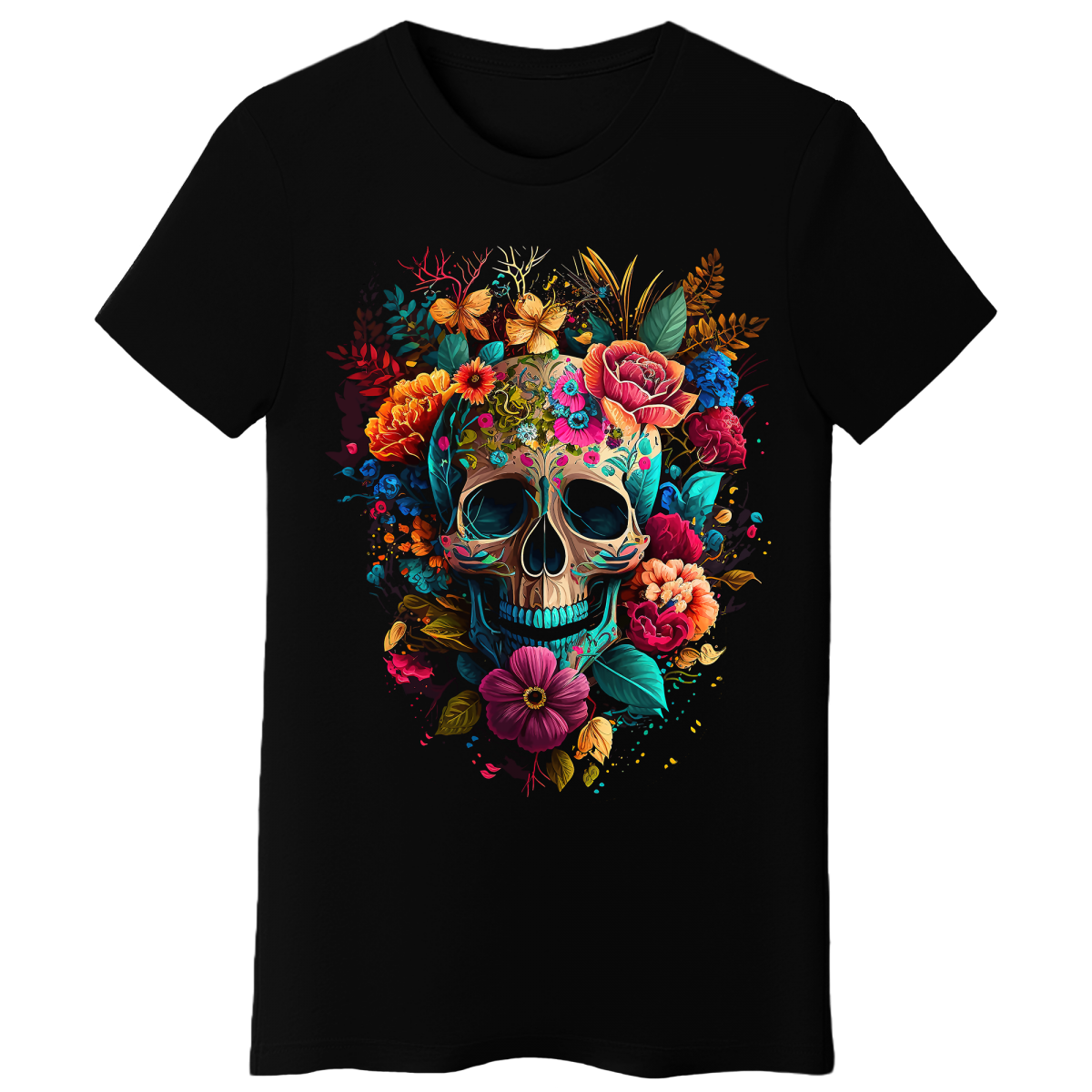 Koszulka Damska Czaszka W Kwiatach - Czarna